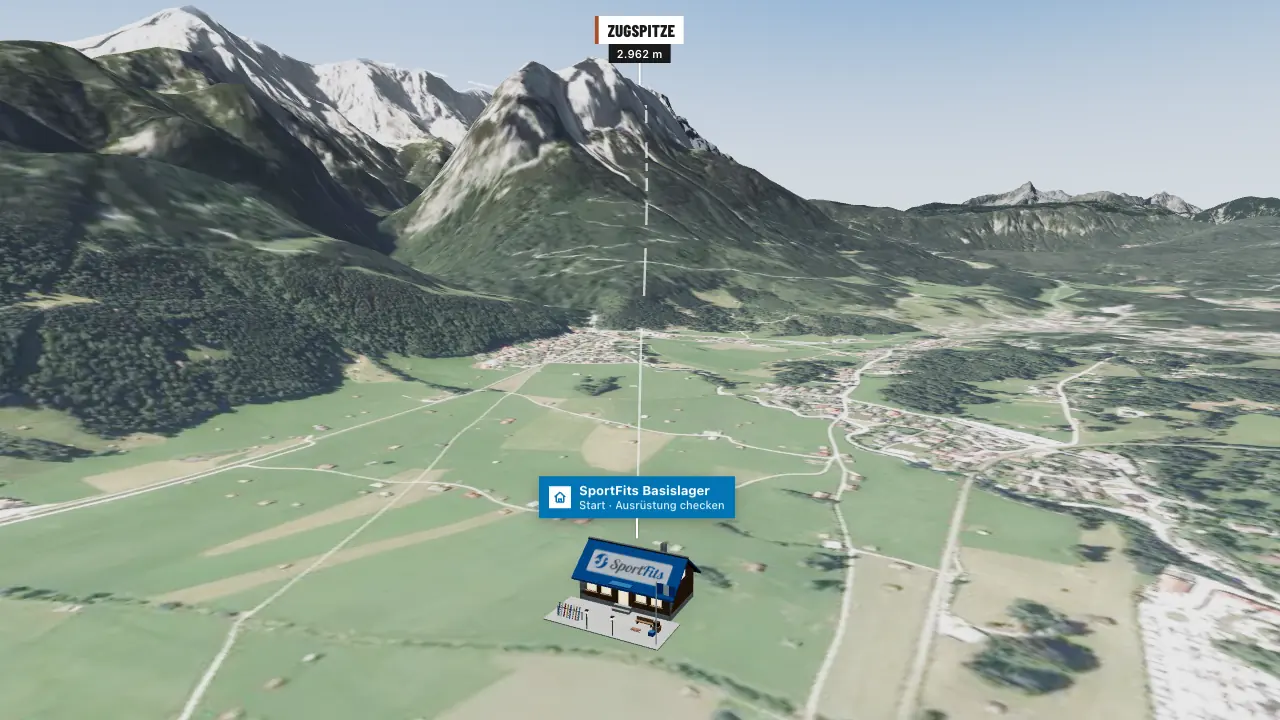 Das SportFits Basislager im Tal bei Garmisch, dahinter die Zugspitze (3D-Ansicht)