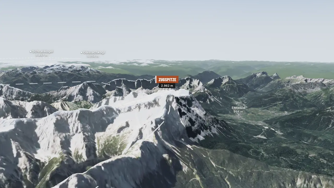 Luftbild der Alpen von der Zugspitze Richtung Dolomiten