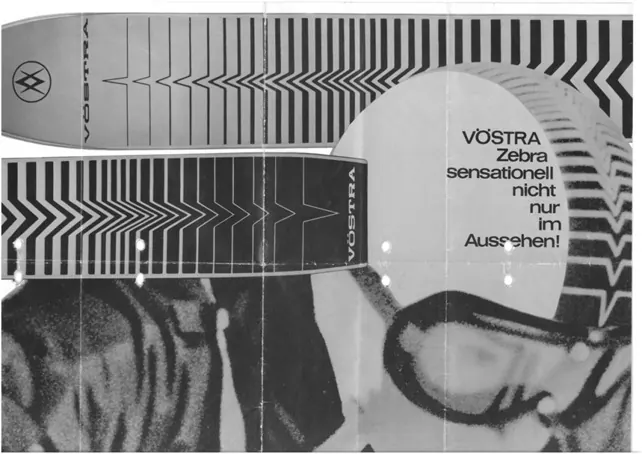 Historische Vöstra-Zebra-Ski und Werbung mit schwarz-weißem Streifenmuster