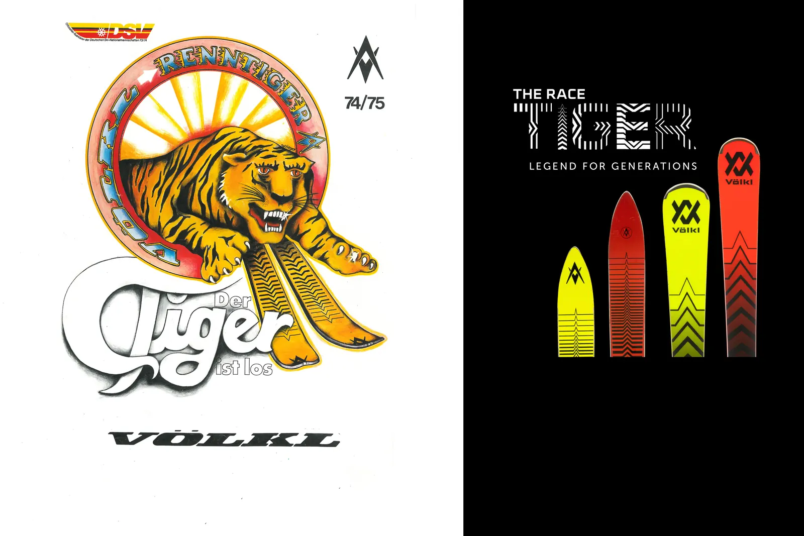 Historische Renntiger-Werbung neben einer späteren Racetiger-Grafik