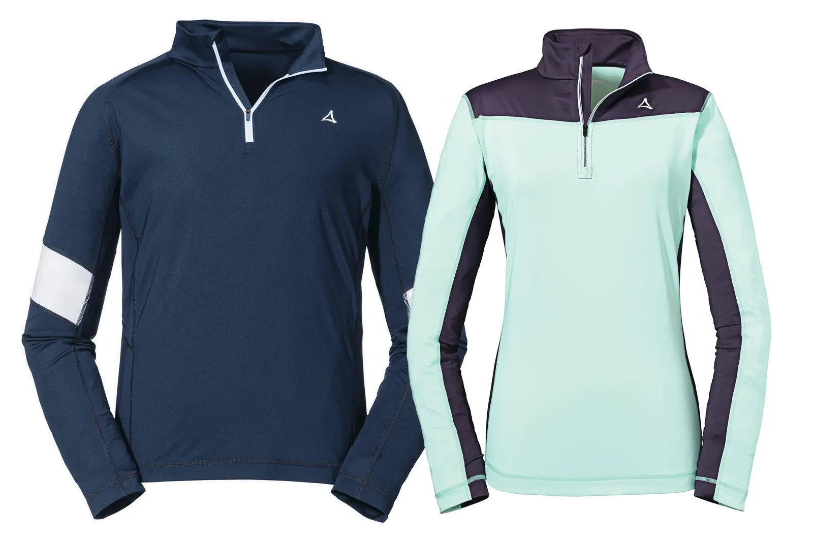 Zwei Schöffel-Longsleeves mit kurzem Kragenreißverschluss in Dunkelblau und Mint-Violett