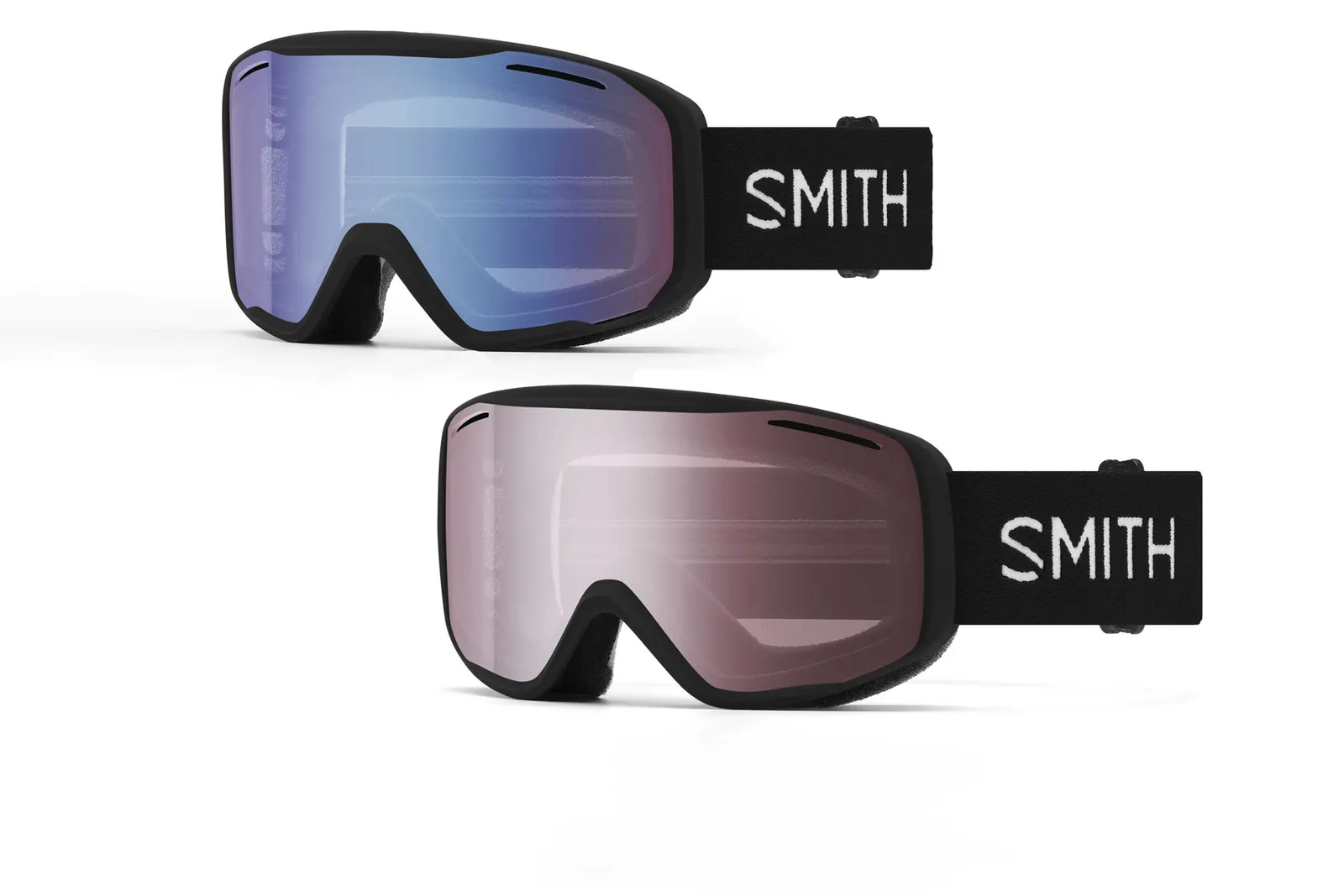 Zwei Smith-Skibrillen mit schwarzem Rahmen und unterschiedlich getönten Scheiben