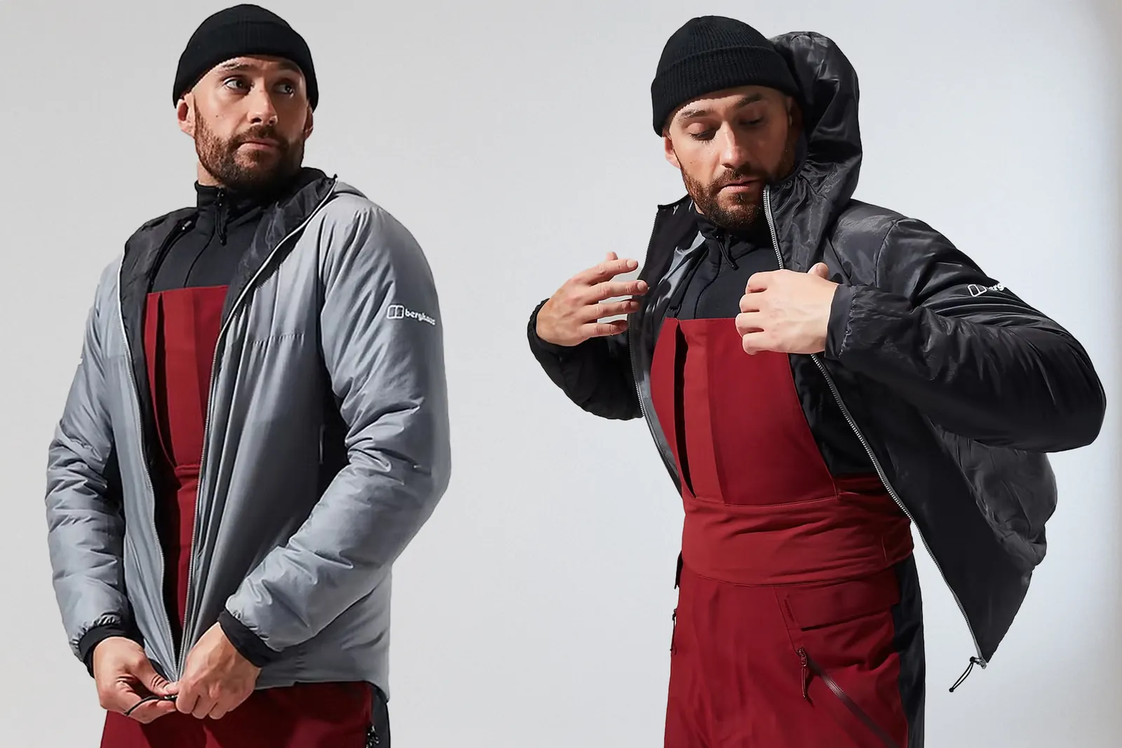 Berghaus Wendejacke in grauer und schwarzer Tragerichtung an einem Mann