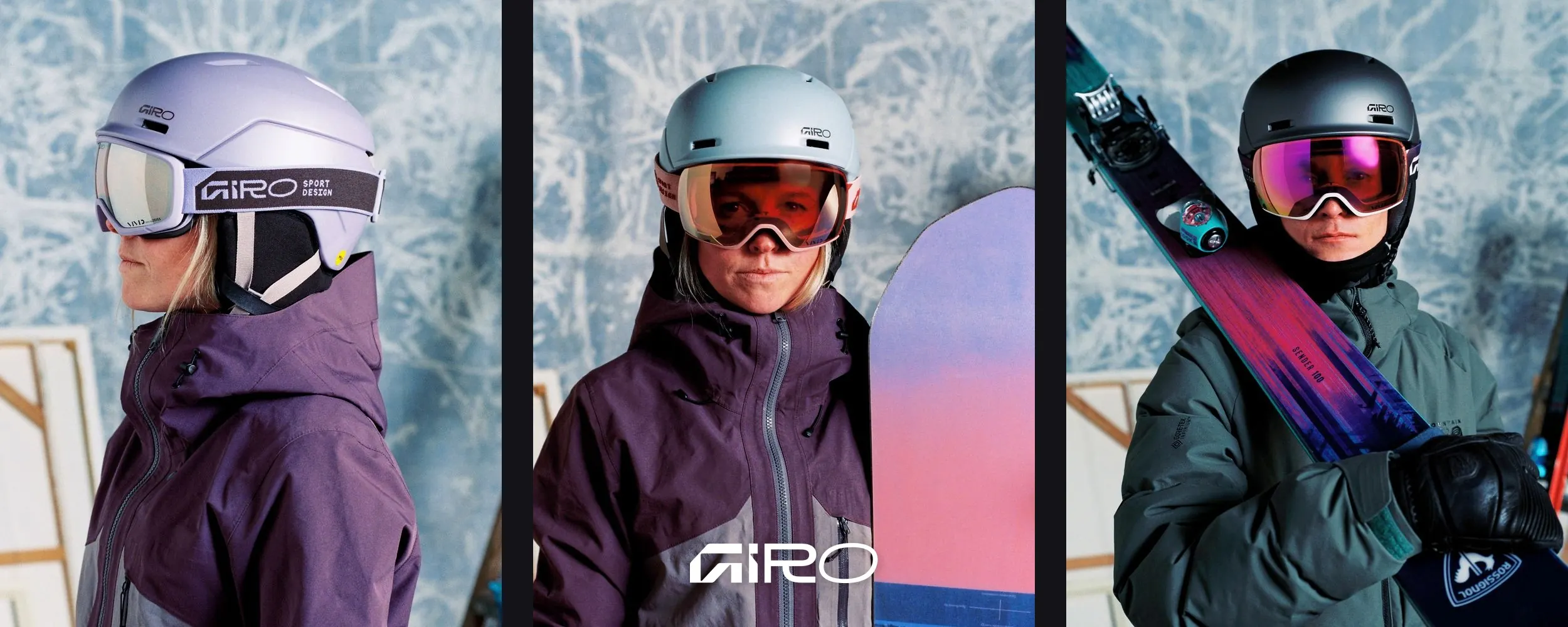 Drei Porträts mit dem Giro Neo Mips II in Lavender, Hellblau und Dunkelgrau, dazu das Giro Logo