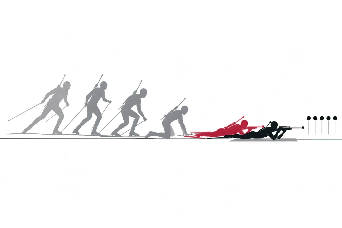 Biathlon als Bewegungsstudie: vom Einlauf bis zum Anschlag liegend vor fünf Scheiben (KI-generierte Darstellung)