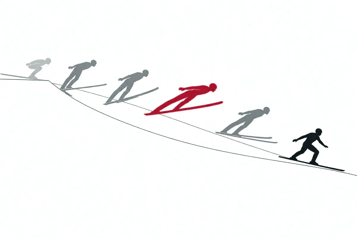 Skisprung als Bewegungsstudie: Anfahrt, Absprung, Flug im V-Stil und Telemark-Landung (KI-generierte Darstellung)