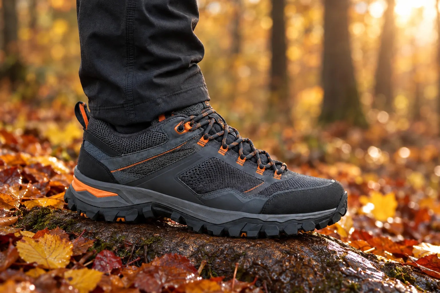 Derselbe Wanderschuh steht leicht gekippt auf einer nassen Baumwurzel unter Herbstlaub
