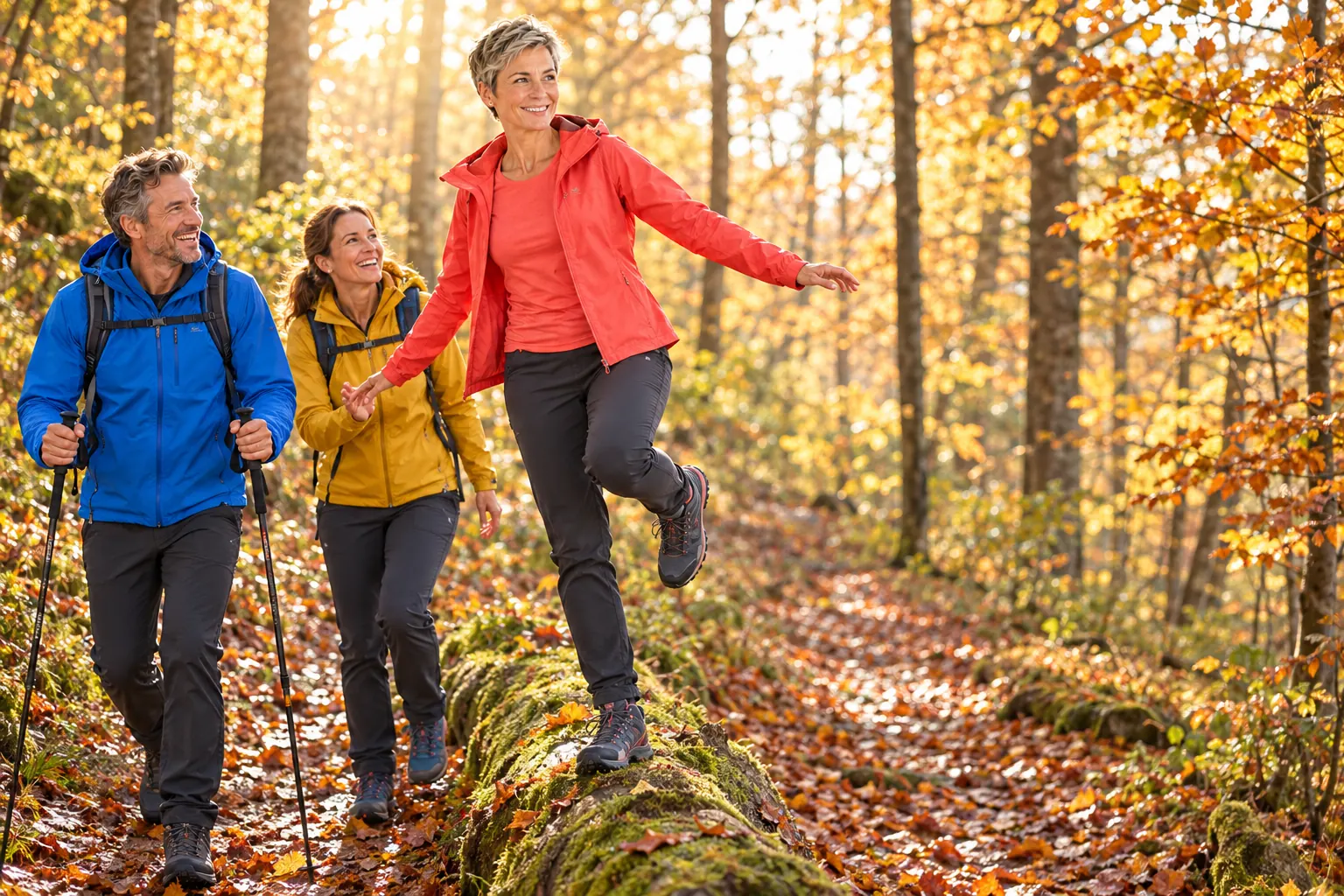 Drei Wandernde um die 50 auf einem herbstlichen Waldweg, eine Frau in korallenroter Jacke balanciert lachend auf einem Bein auf einem bemoosten Baumstamm, die anderen lachen mit