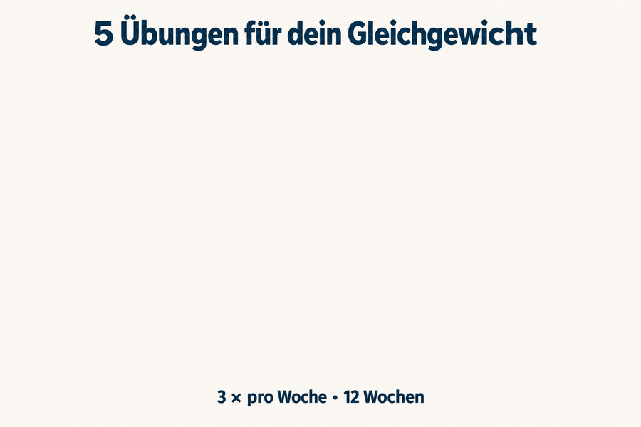 Fünf Übungskarten: Einbeinstand im Alltag 30 s je Bein, Seiltänzergang 10 Schritte vor und zurück, Einbeinstand mit Hantel 2 × 10 je Seite, weicher Untergrund 30 s, Step-down in Zeitlupe 2 × 8 je Bein