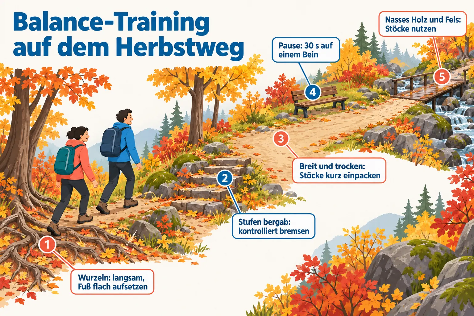 Illustrierter Herbstweg mit fünf Stellen: Wurzeln langsam und Fuß flach aufsetzen, Stufen bergab kontrolliert bremsen, breit und trocken Stöcke kurz einpacken, Pause 30 Sekunden auf einem Bein, nasses Holz und Fels Stöcke nutzen