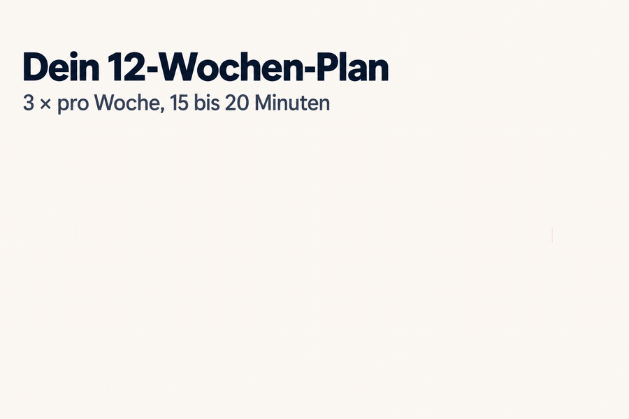 Zeitleiste: Test vorher; Woche 1 bis 4 Einbeinstand und Seiltänzergang; Woche 5 bis 8 weicher Untergrund, Hantel, Kopf drehen; Woche 9 bis 12 Augen kurz zu und Step-down; Test nachher. 3 × pro Woche, 15 bis 20 Minuten