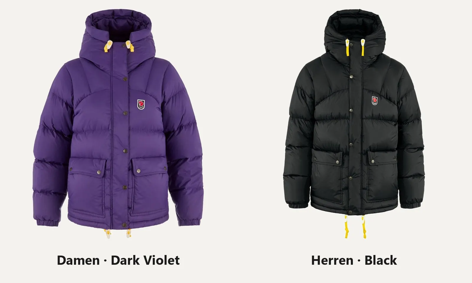 Fjällräven Expedition Down Lite Jacket für Damen in Dark Violet und für Herren in Black, Produktfotos nebeneinander