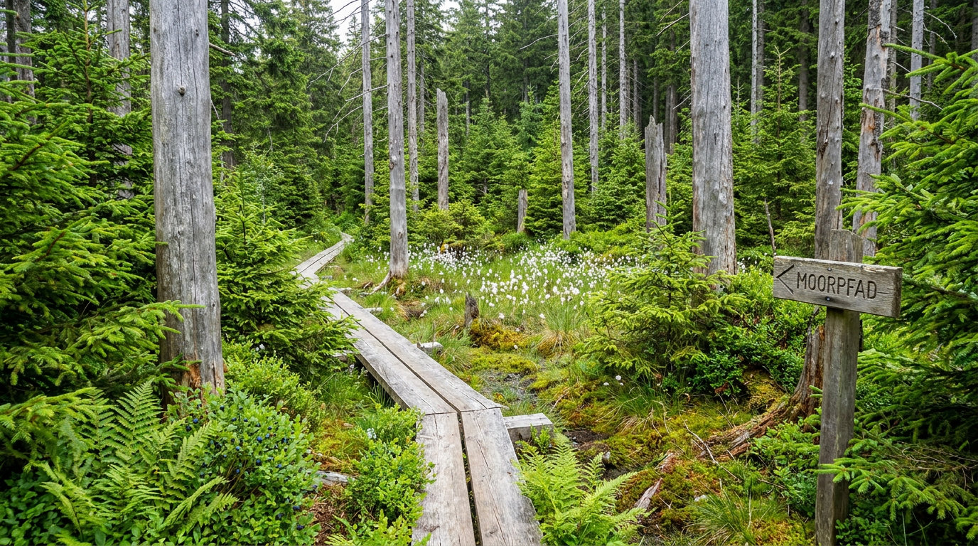 Wanderweg mit Bohlensteg durch lichten Bergfichtenwald mit Totholz im Nationalpark Bayerischer Wald (KI-generierte Darstellung)