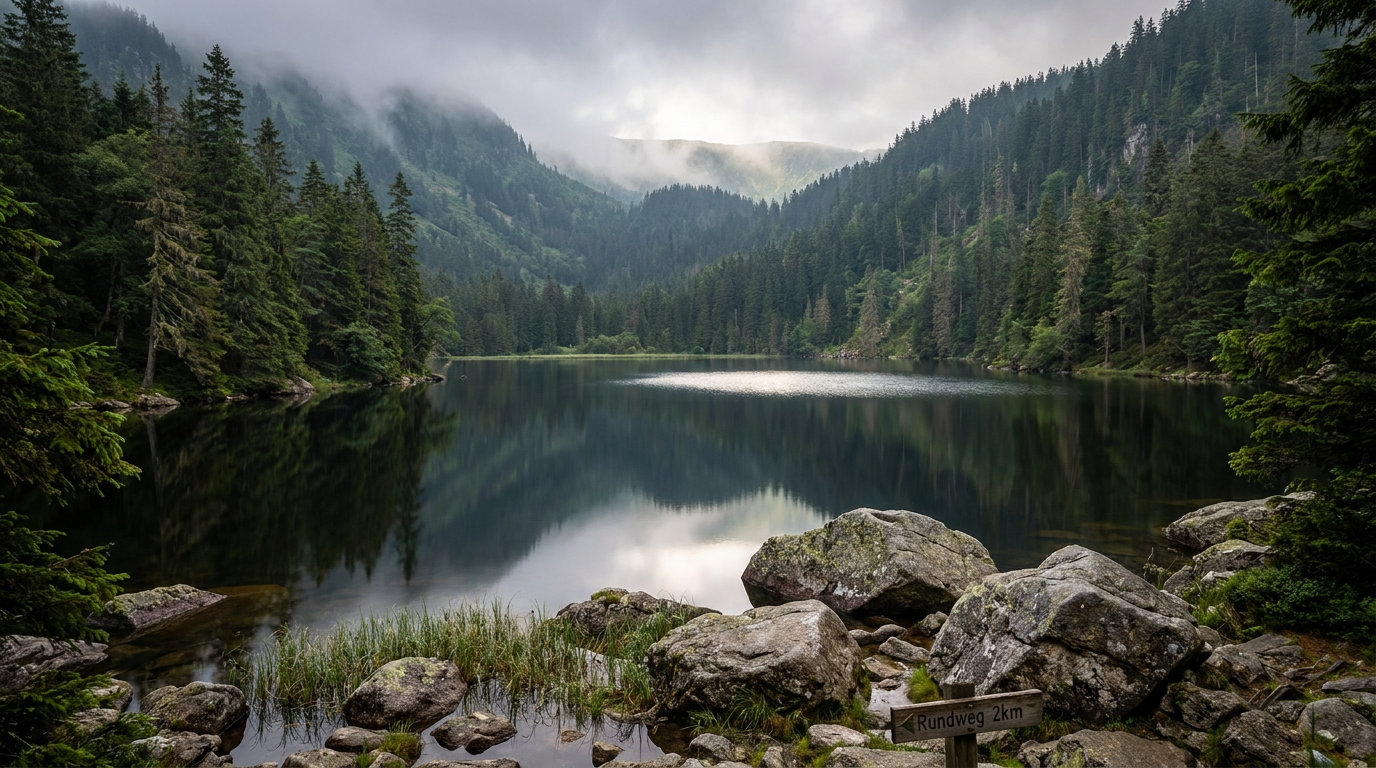 Dunkler Bergsee in einer Karmulde unterhalb eines bewaldeten Steilhangs im Bayerischen Wald (KI-generierte Darstellung)
