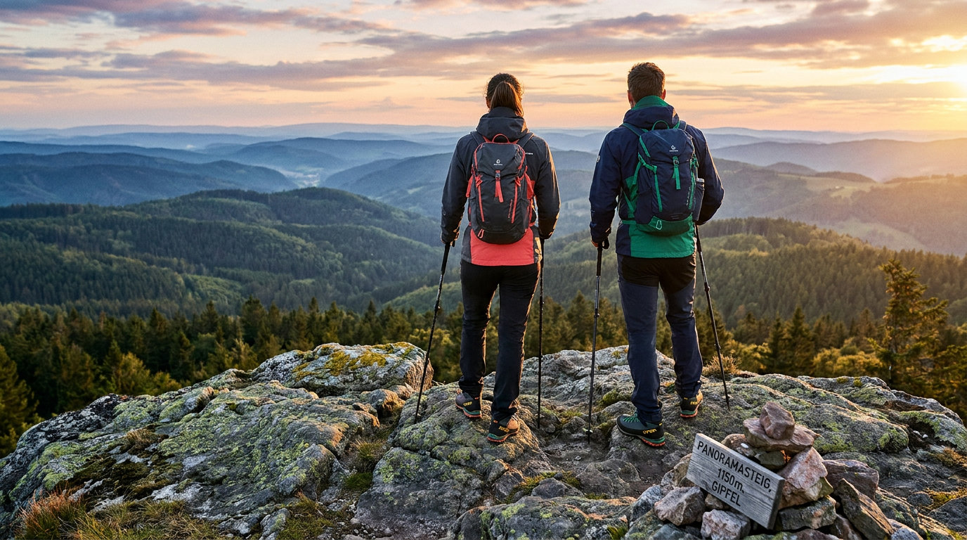 Zwei Wanderer auf einem Gipfelplateau blicken über bewaldete Kammlinien im Bayerischen Wald (KI-generierte Darstellung)