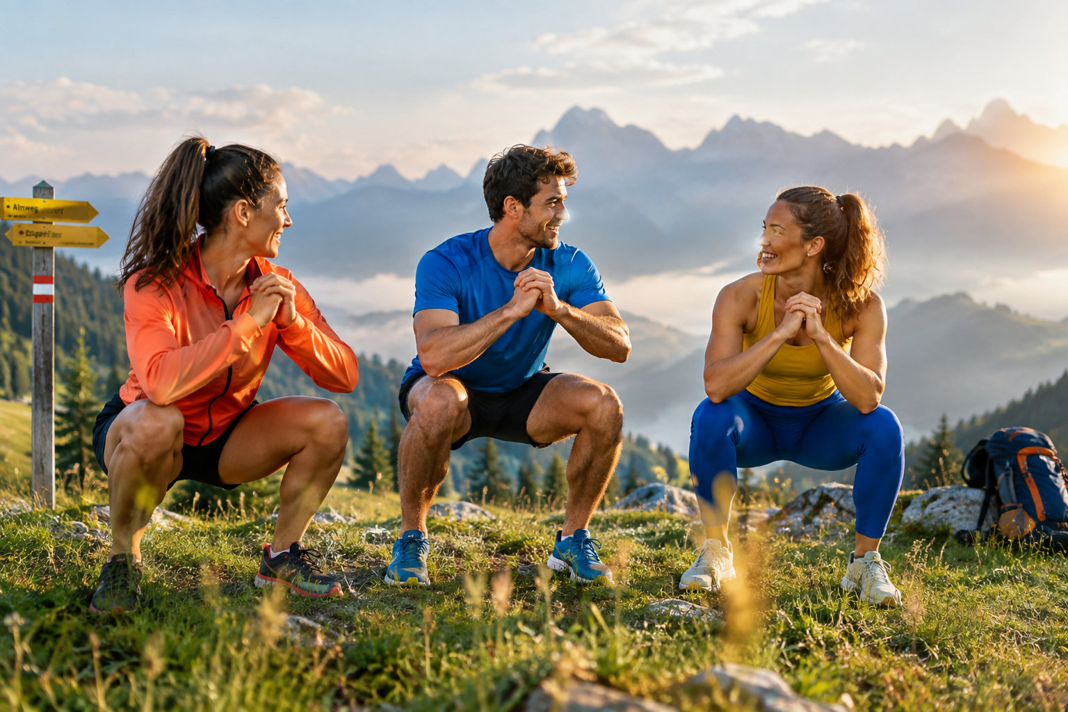 Drei Personen machen gemeinsam Kniebeugen auf einer Almwiese im Morgenlicht, moderne Sportkleidung in kräftigen Farben