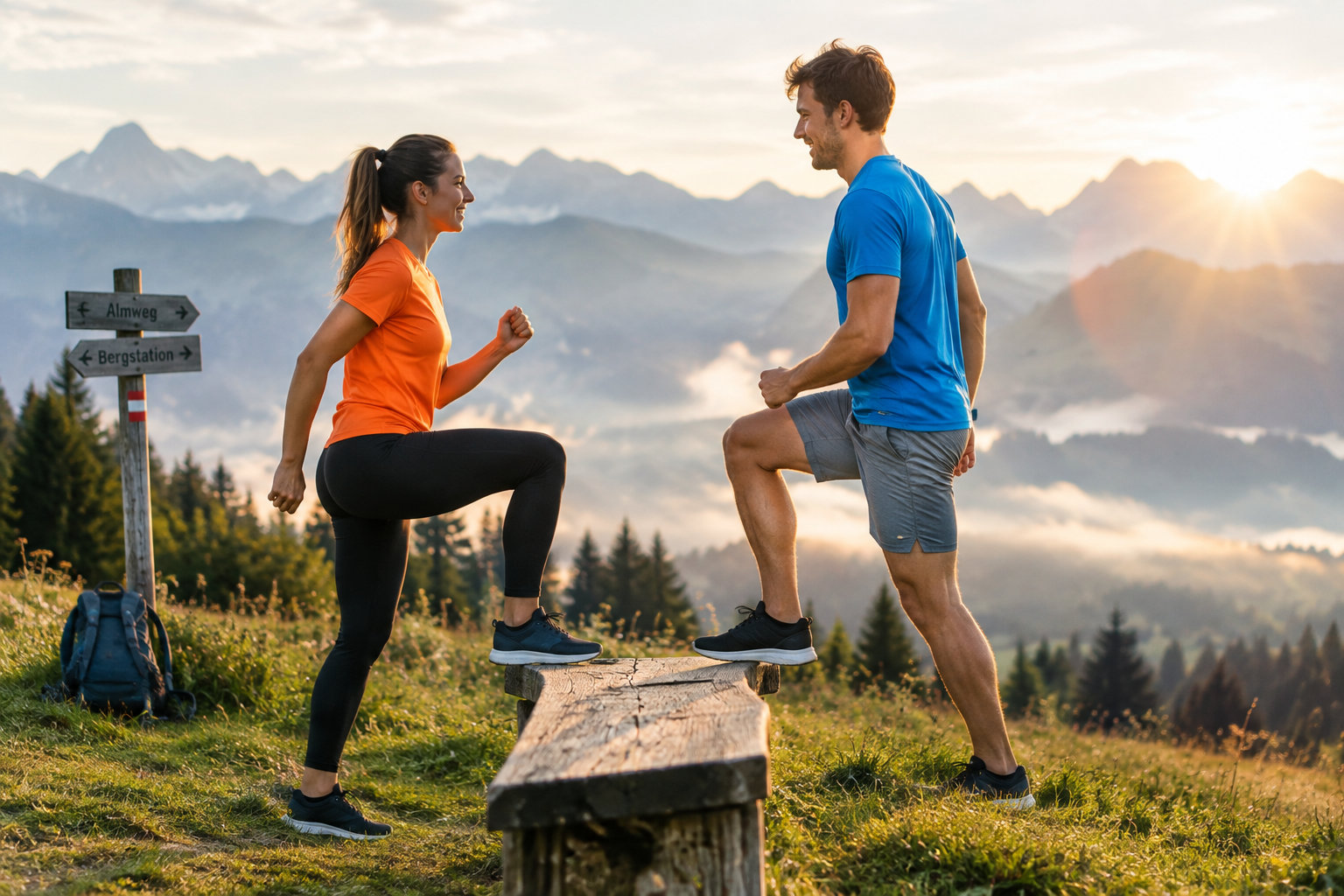 Zwei Personen in moderner Sportkleidung machen Step-ups auf einer Holzbank vor einem Bergpanorama im Morgenlicht