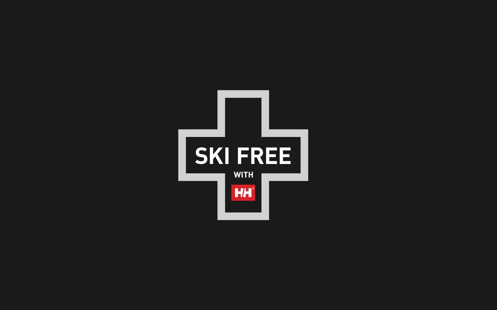 Ski Free with Helly Hansen logo, white cross on a dark background