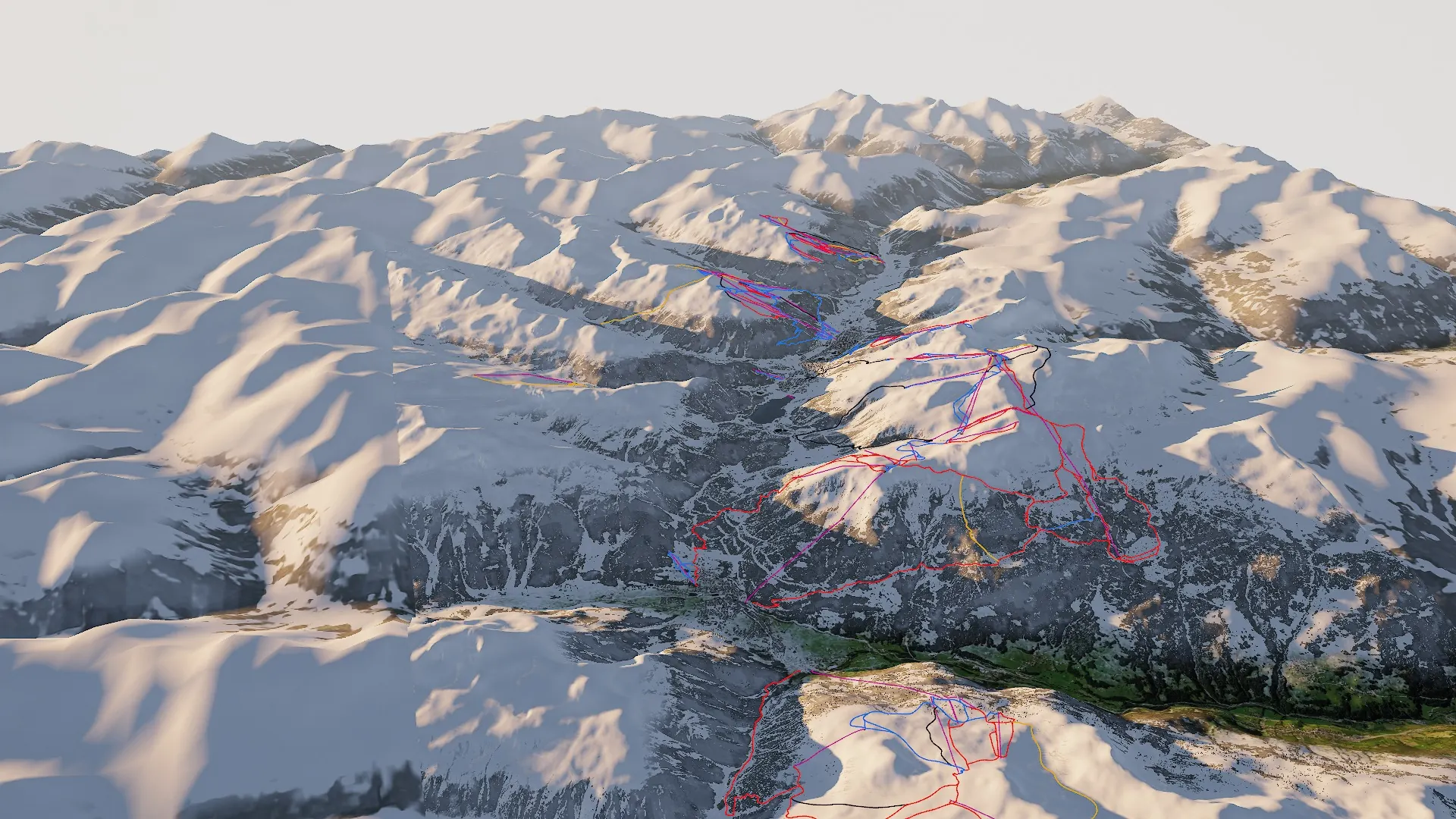 3D-Ansicht von Davos Klosters von Norden: Pisten und Bahnen von Parsenn, Jakobshorn und Rinerhorn im verschneiten Gelände