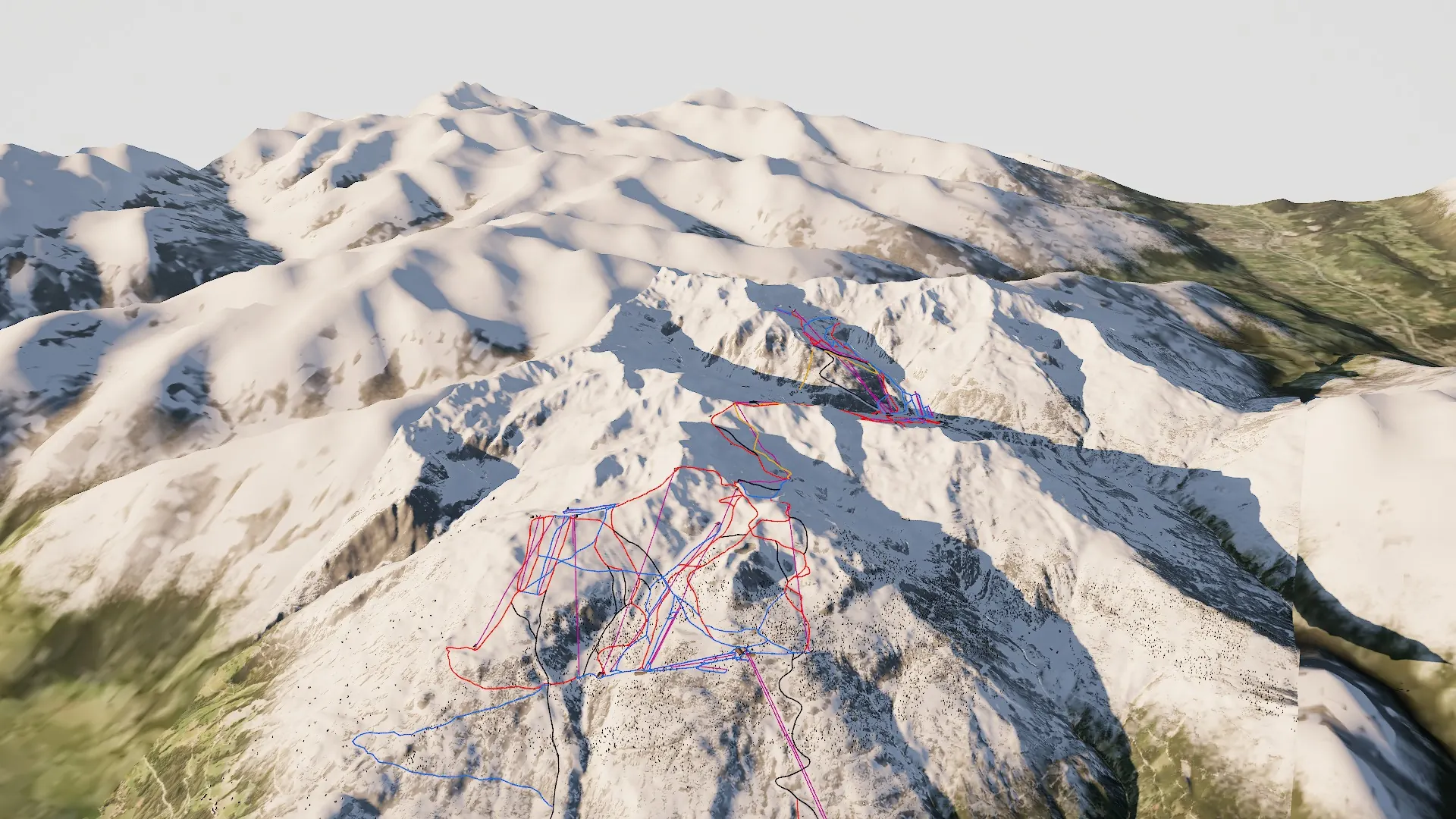 3D-Ansicht von Hochfügen und Hochzillertal: Pisten und Bahnen über dem Zillertal