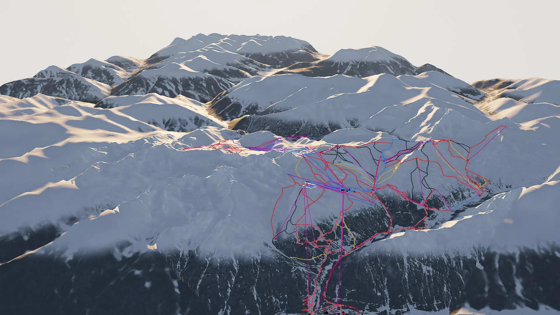 3D-Ansicht der Silvretta Arena von Ischgl aus: Pisten und Bahnen im Gelände zwischen Paznaun und Samnauntal