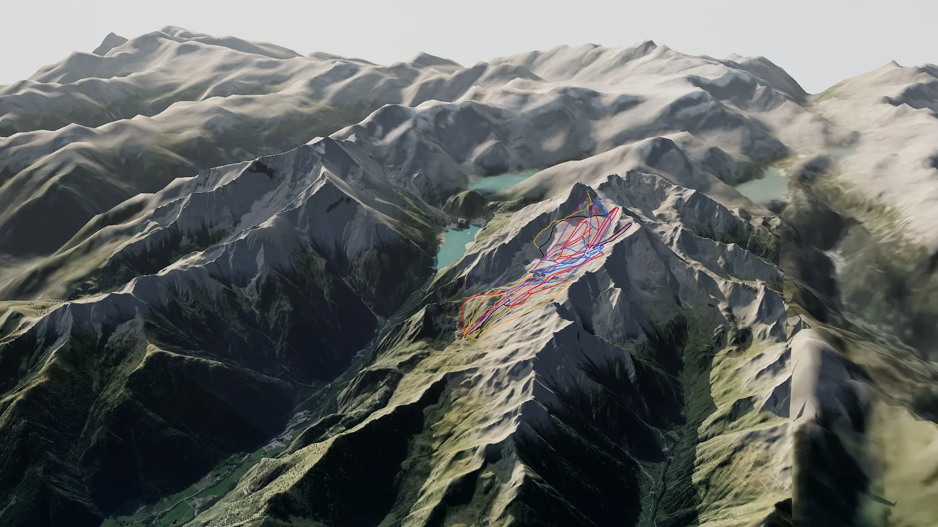 3D-Ansicht des Kitzsteinhorns von Norden: Gletscherpisten und Bahnen über dem Kapruner Tal, dahinter die Stauseen