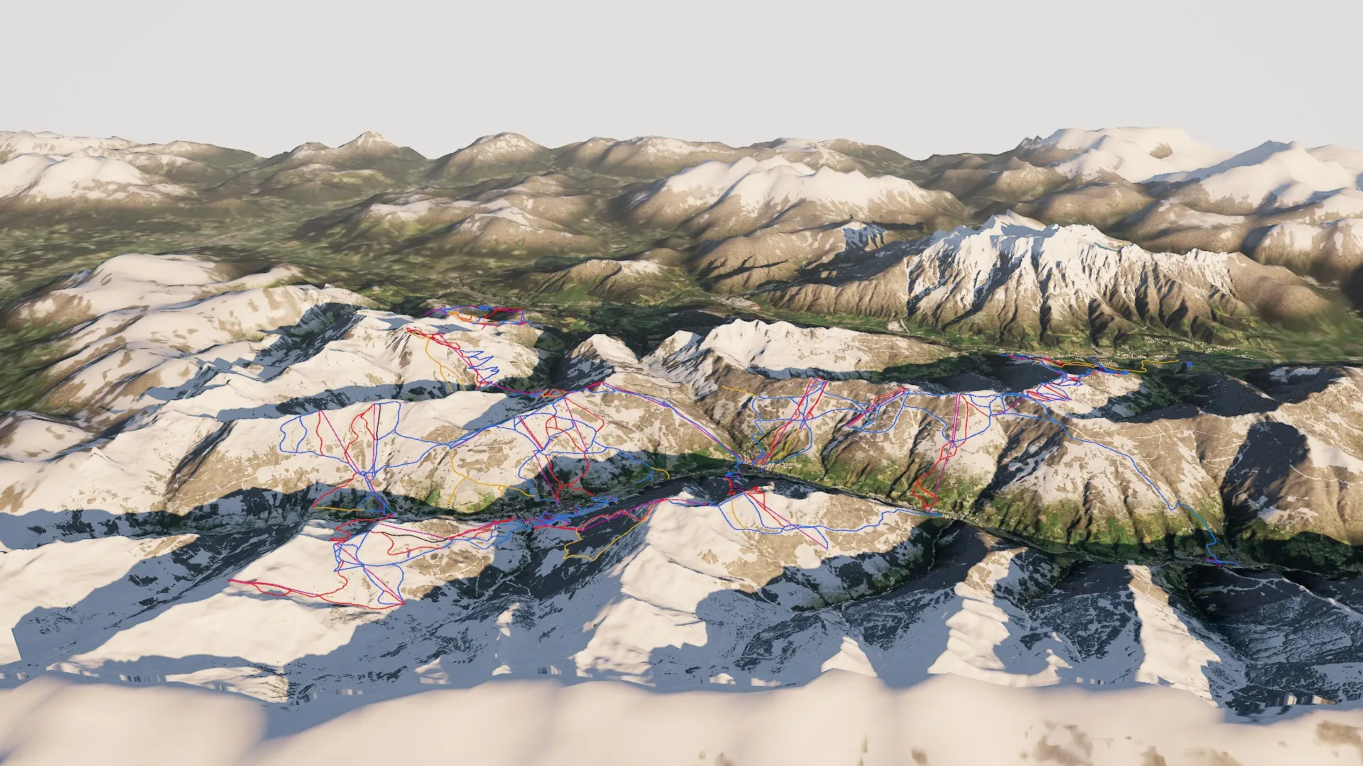 3D-Ansicht des Skicircus Saalbach Hinterglemm Leogang Fieberbrunn von Süden: Pisten und Bahnen über dem Glemmtal