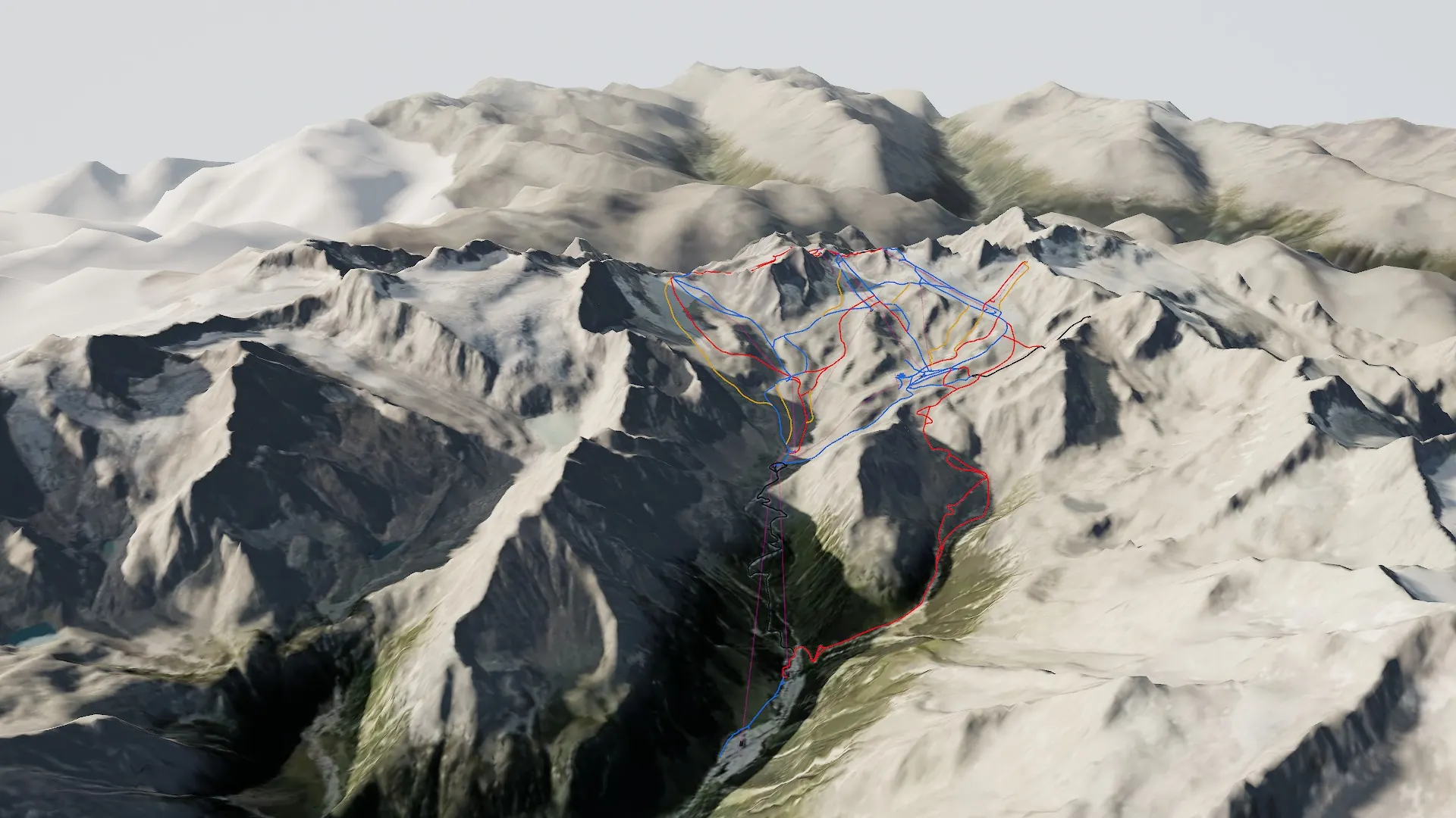 3D-Ansicht des Stubaier Gletschers: Pisten und Bahnen von der Talstation Mutterberg bis über 3.000 Meter