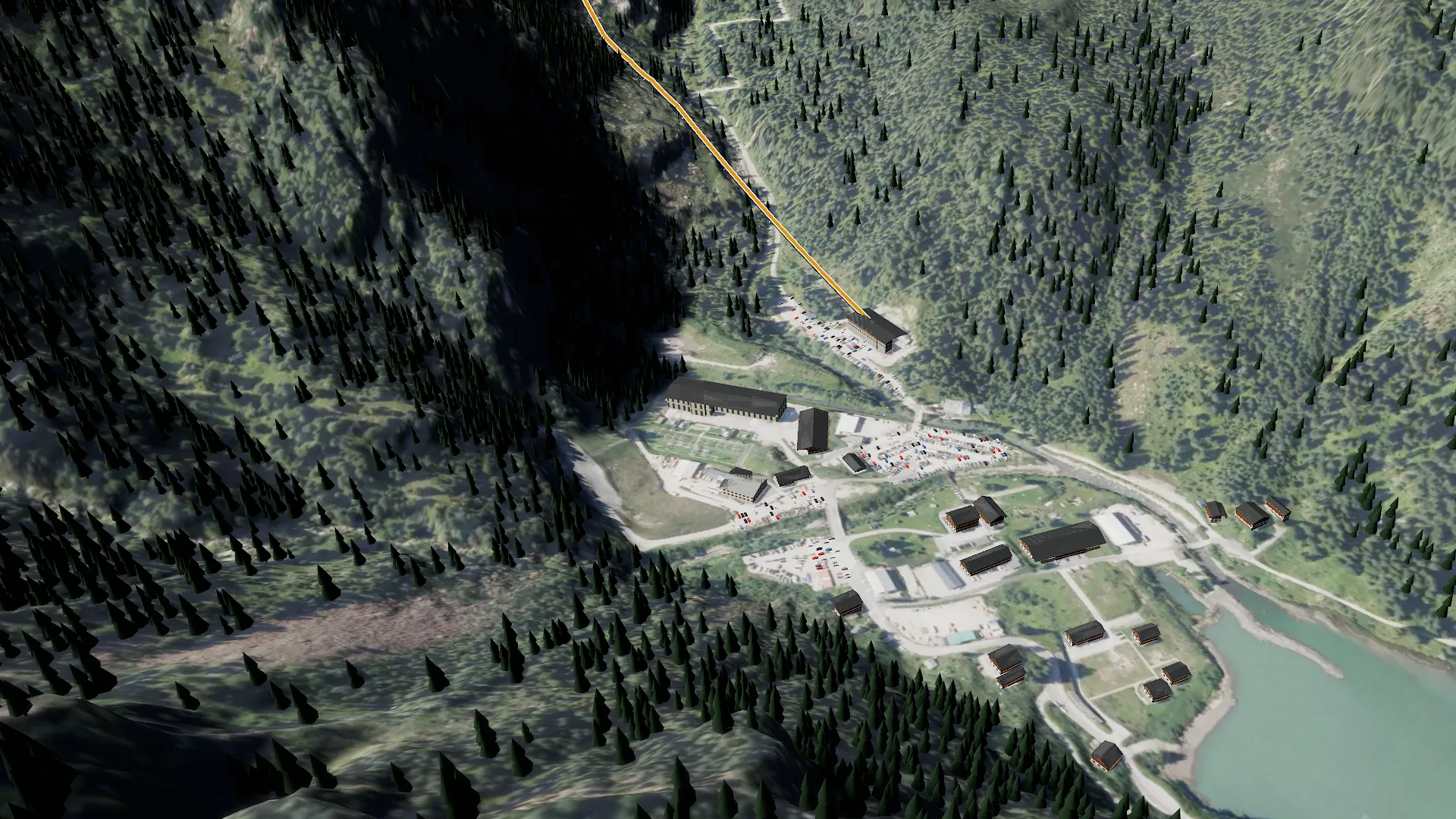 3D-Ansicht der Weißsee Gletscherwelt: Enzingerboden mit Talstation, Parkplatz und Stausee im Stubachtal