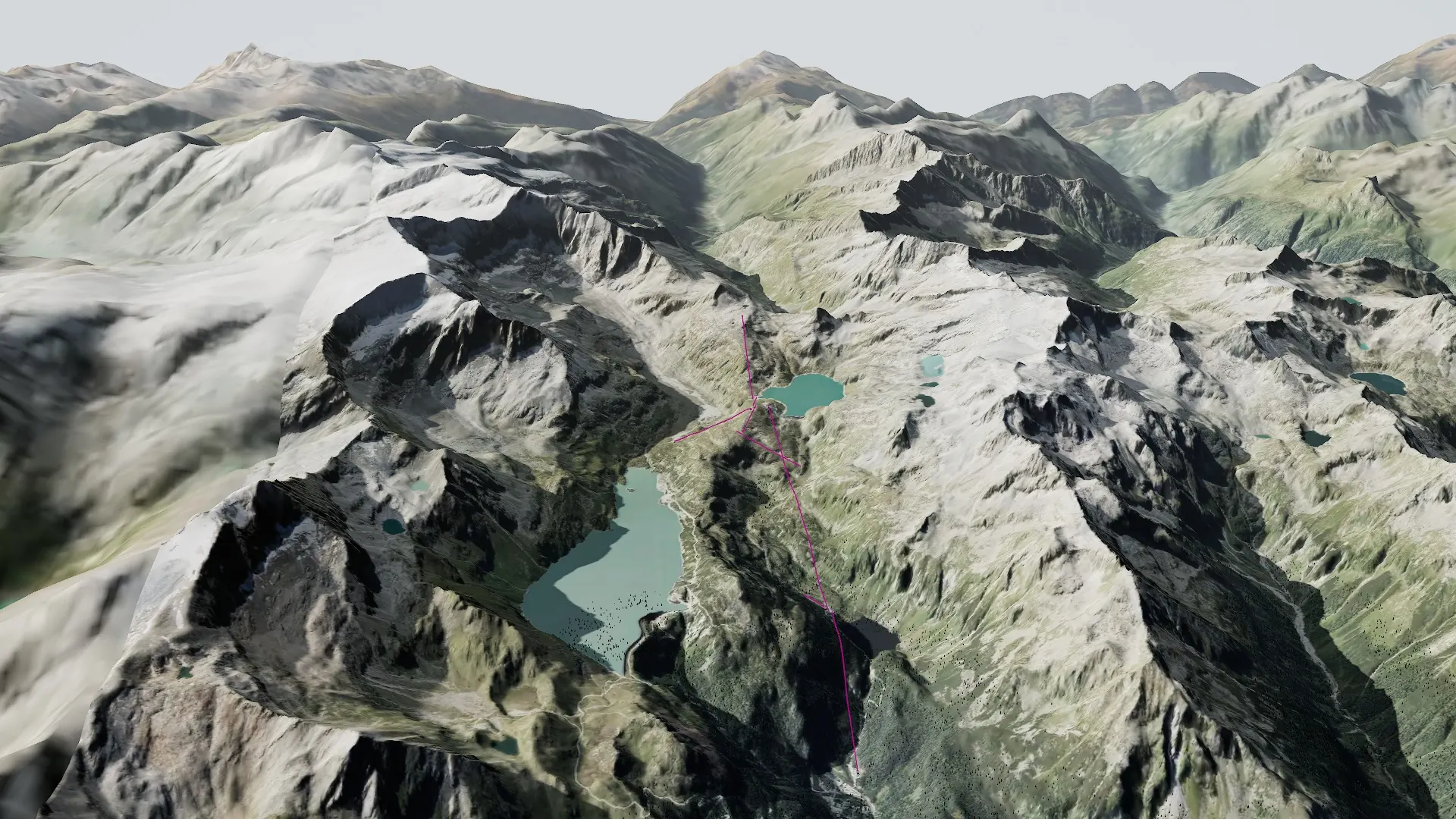 3D-Ansicht der Weißsee Gletscherwelt im Stubachtal: Seen, Bahnen und Gipfel um die Rudolfshütte im Sommer