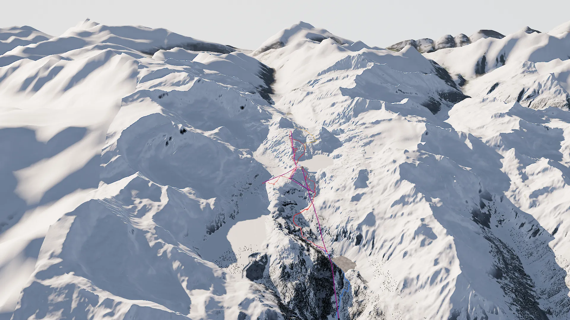 3D-Ansicht der Weißsee Gletscherwelt im Winter: verschneites Stubachtal mit Gletscherbahn, Pisten und Weißsee