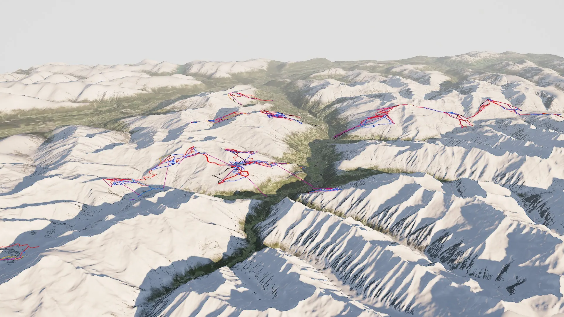 3D-Ansicht des Zillertals von Süden: Pisten und Bahnen von Hintertux, Mayrhofen, Zillertal Arena und Hochzillertal