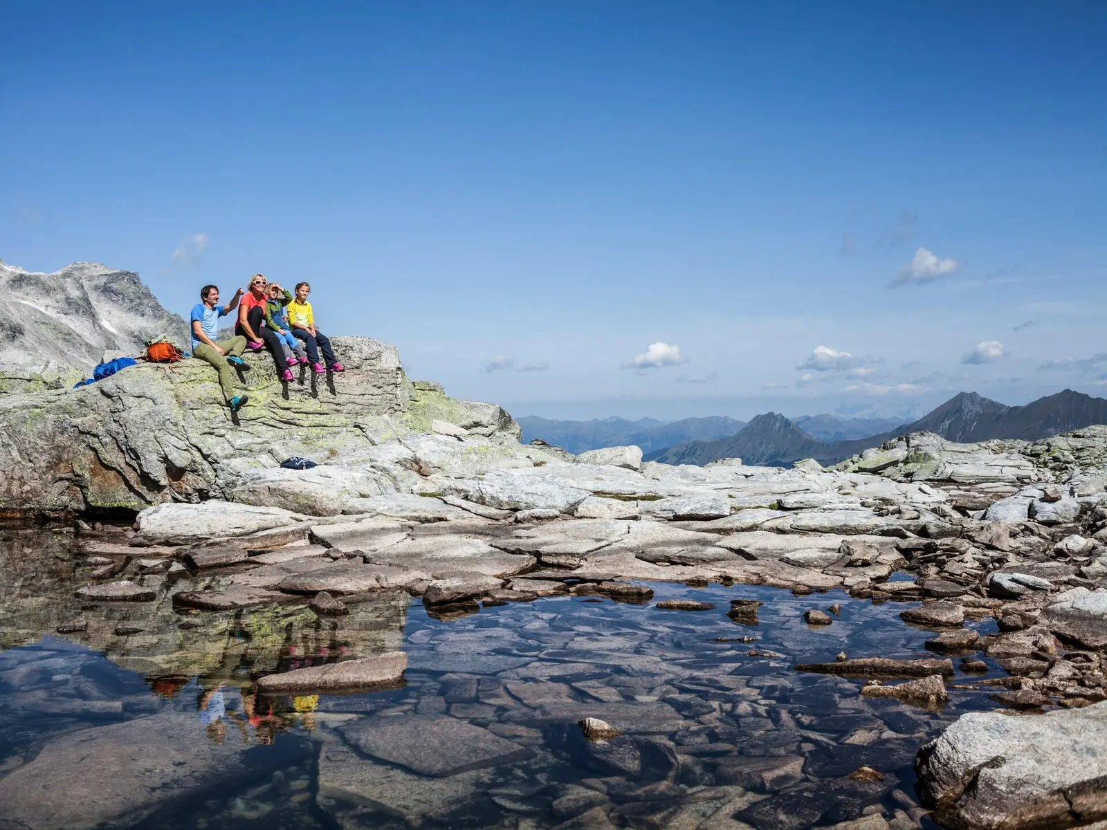 Familie rastet auf Felsen an einem Wasserbecken in der Weißsee Gletscherwelt