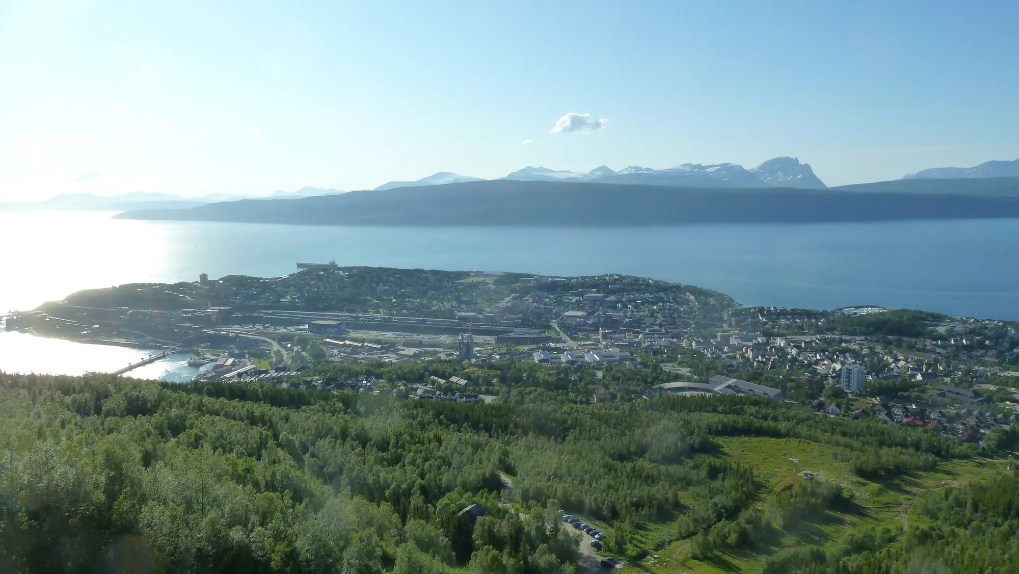 Blick vom Fagernesfjellet auf Narvik, den Fjord und schneebedeckte Gipfel an einem hellen Sommertag