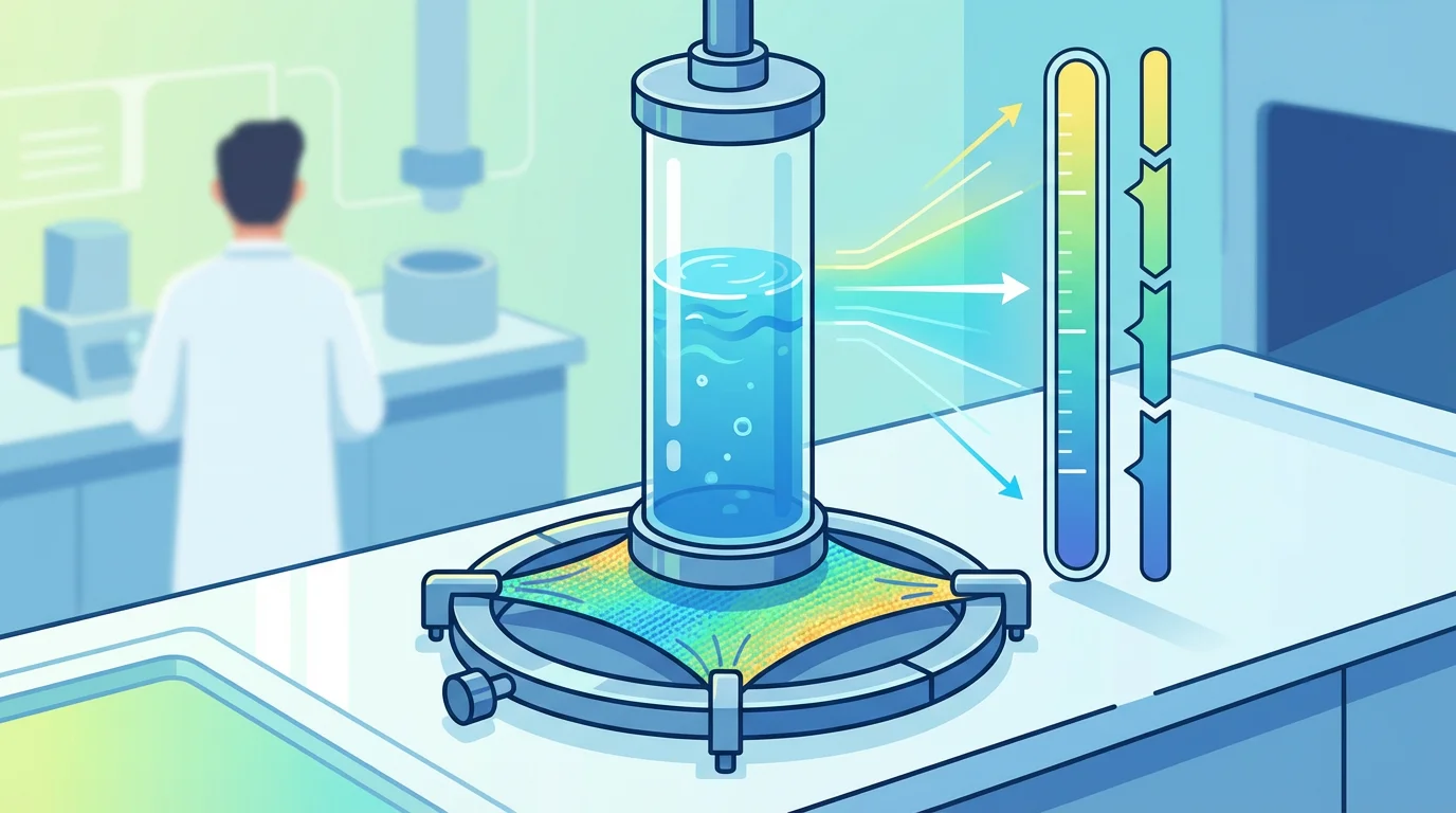 Schematische Darstellung des Wassersäulen-Tests: Ein Zylinder gefüllt mit Wasser steht auf einem eingespannten Stoffstück, daneben eine Skala die den Wasserstand in Millimetern zeigt