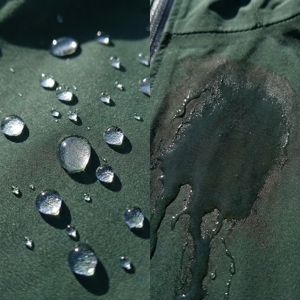 Nahaufnahme von Wassertropfen die auf einer Jackenoberfläche abperlen - links mit funktionierender DWR-Imprägnierung (Tropfen perlen ab), rechts mit abgenutzter DWR (Stoff saugt sich voll)