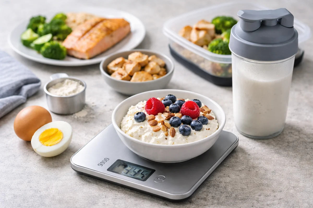 Proteinreiche Mahlzeiten zum Abnehmen mit Skyr, Beeren, Ei, Lachs und Shake auf neutraler Arbeitsfläche.