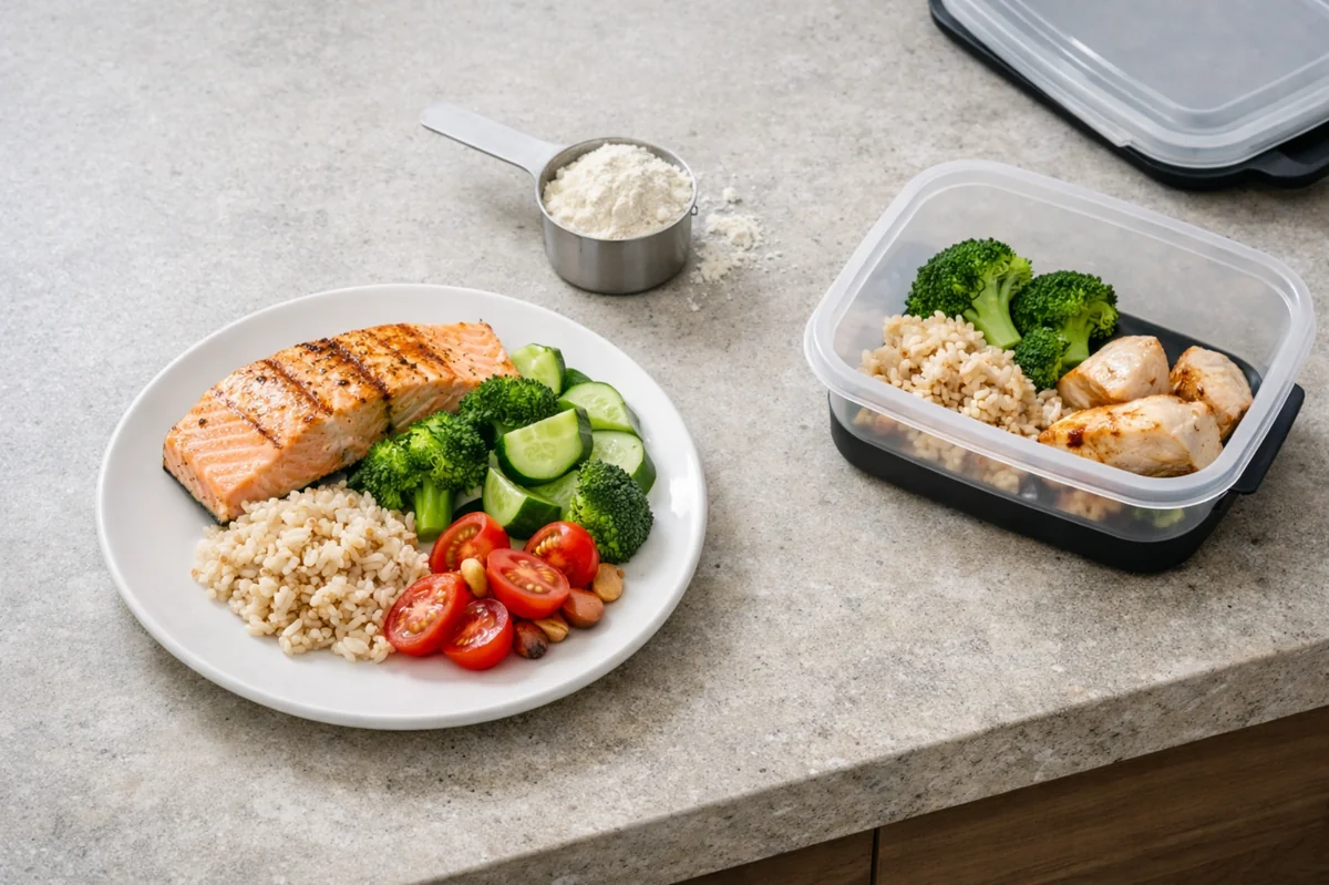 roteinreiches Meal-Prep mit Lachs, Gemüse und Reis auf heller Küchenarbeitsfläche – vorbereitet für kalorienbewusstes Abnehmen.