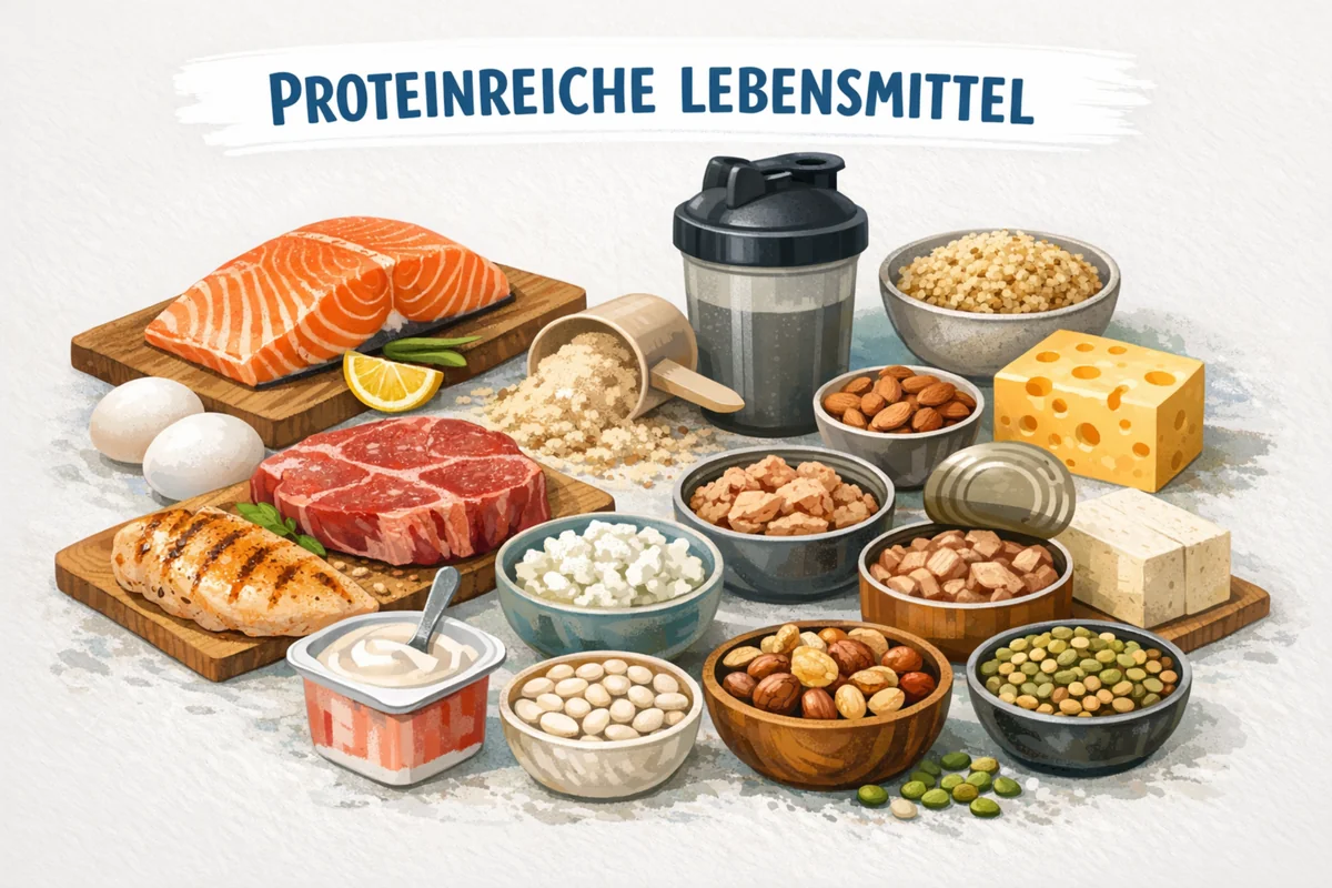 Übersichtliche Darstellung verschiedener Proteinquellen: Links tierische Quellen wie Eier, Fisch, Hähnchen und Quark. Rechts pflanzliche Quellen wie Linsen, Tofu, Nüsse und Quinoa. Frisches, appetitliches Food-Styling auf hellem Hintergrund.