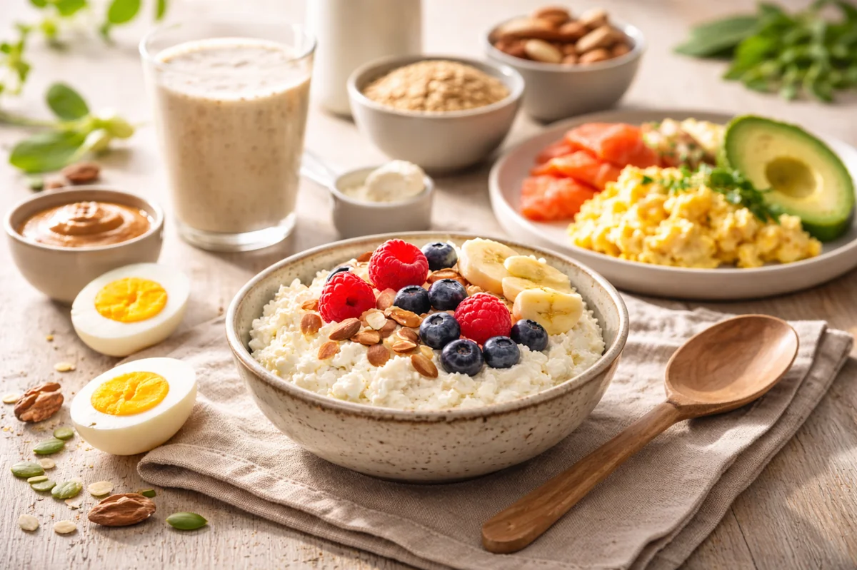 Proteinreiches Frühstück mit Quark/Skyr-Bowl, Beeren, Nüssen, Eiern, Smoothie und Lachs-Ei-Teller auf hellem Holztisch.