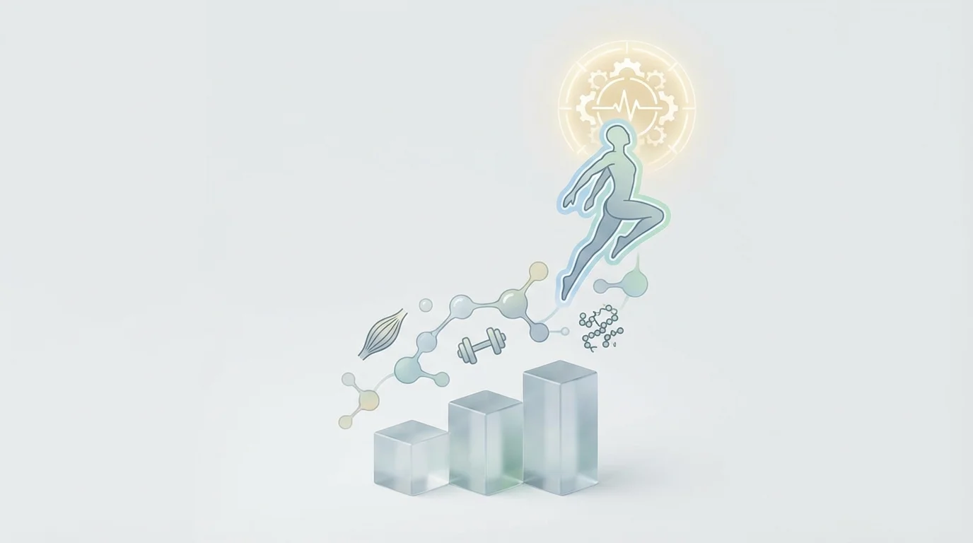 Illustration einer Proteinkette aus bunten Aminosäure-Bausteinen, die wie Perlen auf einer Schnur aufgereiht sind. Minimalistischer, moderner Stil mit sportlichem Touch.