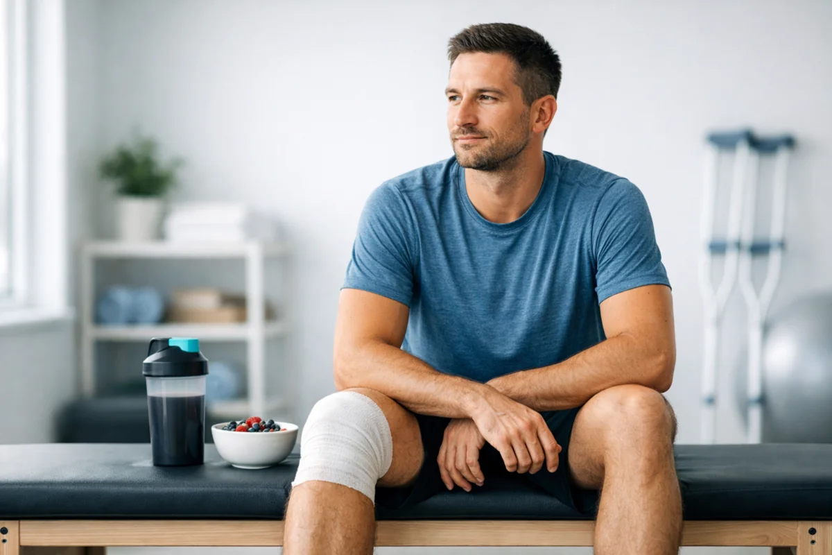 Sportler mit Kniebandage in einer Regenerationsphase nach Verletzung, ergänzt durch proteinreiche Ernährung.