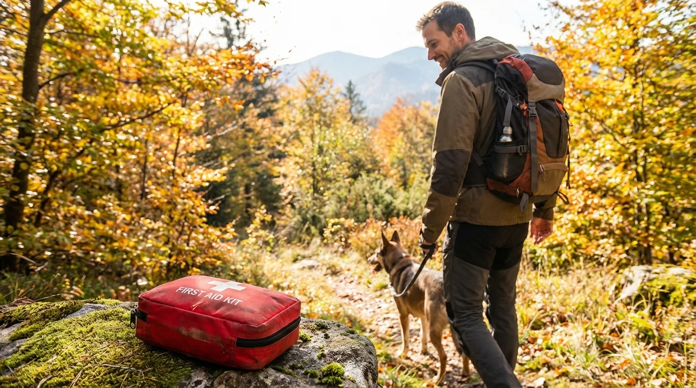 Mann wandert mit seinem Hund. Er lächelt. Der Hund ist an der Leine. Im Vordergrund liegt ein Erste ...