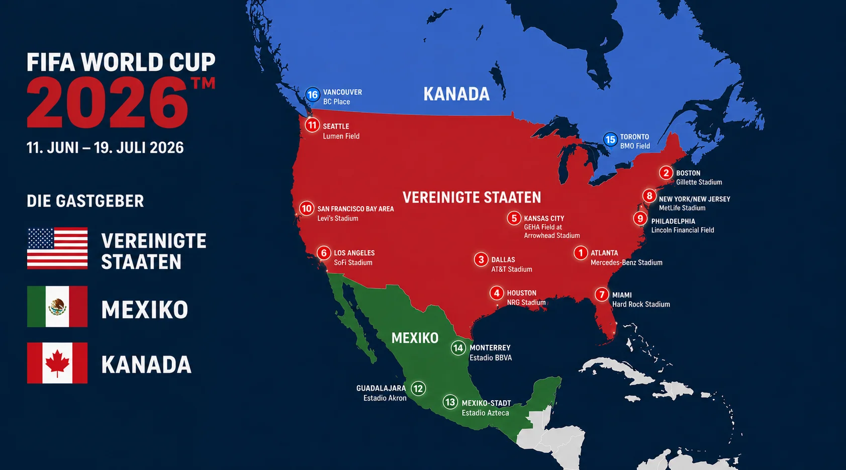 Weltkarte mit den 16 Spielorten der FIFA WM 2026 in den USA, Kanada und Mexiko