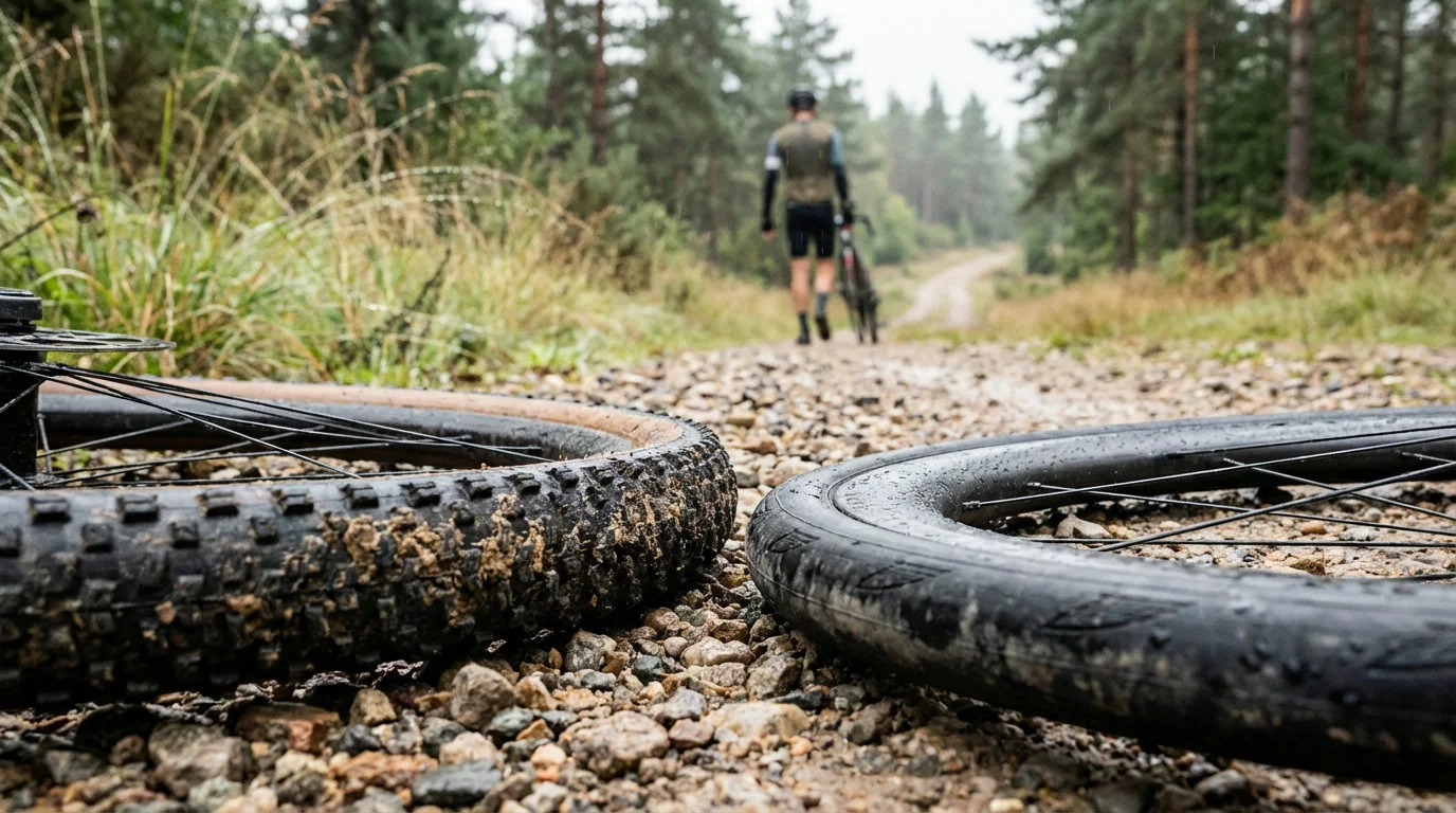 Nahaufnahme eines breiten Gravelreifens mit Profil auf Schotterweg im Vergleich zu einem schmaleren Rennradreifen (KI-generierte Darstellung)