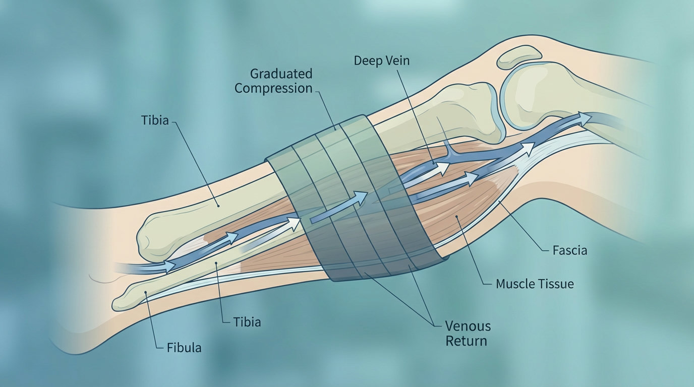 Illustration der graduierten Kompression und Blutfluss