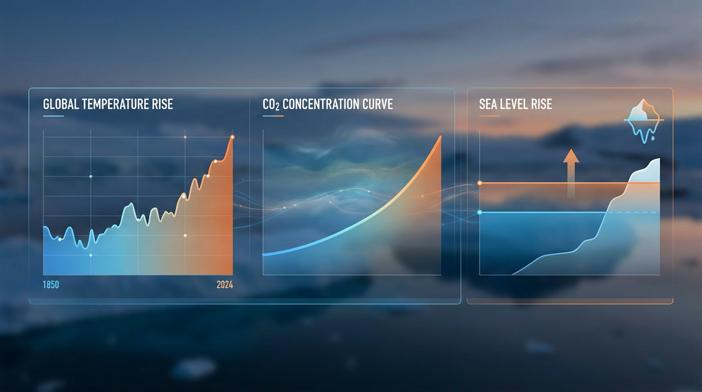 Infografik zu den wichtigsten Klimawandel-Kennzahlen (KI-generierte Darstellung)