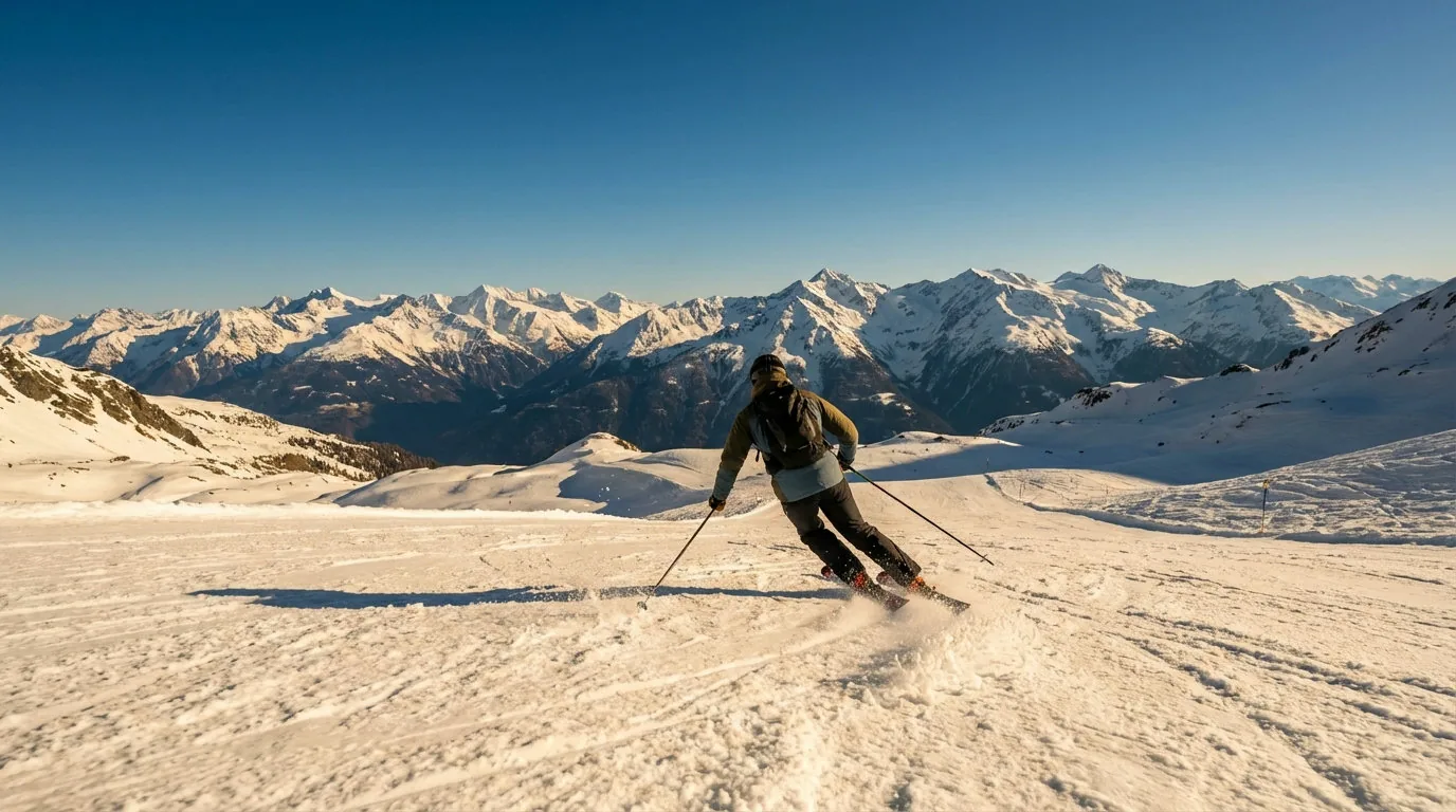 Panoramablick auf ein hochgelegenes Gletscher-Skigebiet im Frühling mit Sonnenterrasse