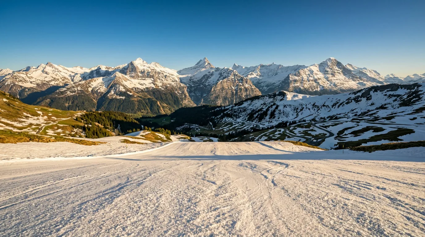 Verschneite Alpengipfel im Fr�hlingslicht mit pr�parierter Skipiste im Vordergrund