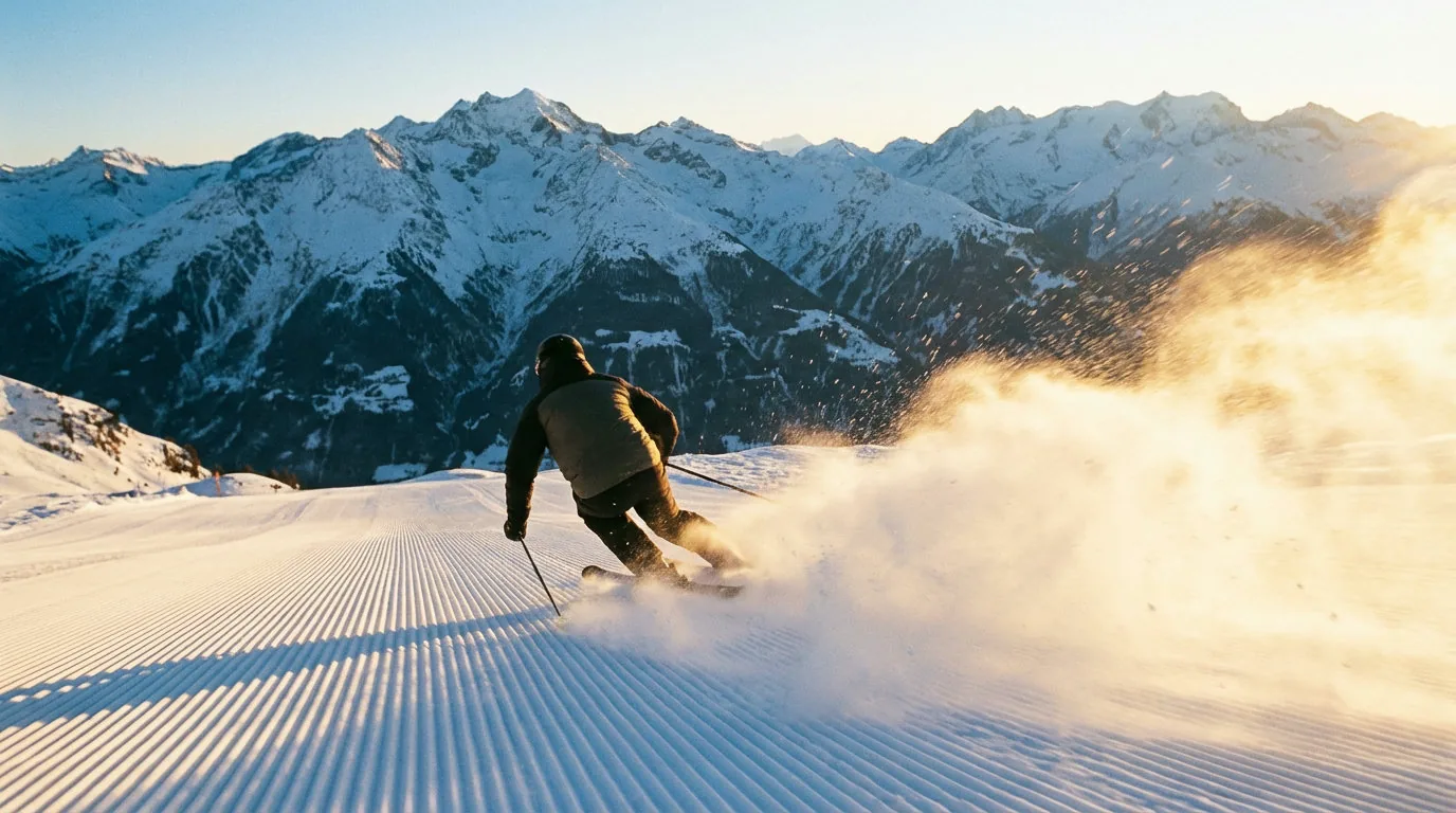 Skifahrer beim Carving auf frisch präparierter Alpenpiste im Morgenlicht